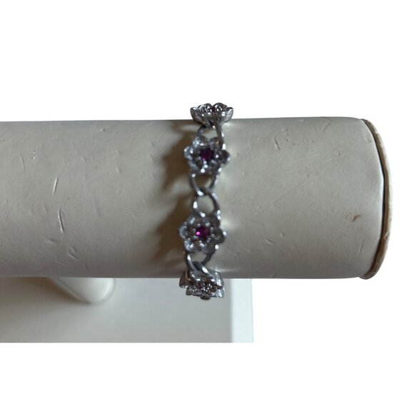 Silver-Tone Avon Floral Link Bracelet With Pink Rhinestones - Picture 2 of 6